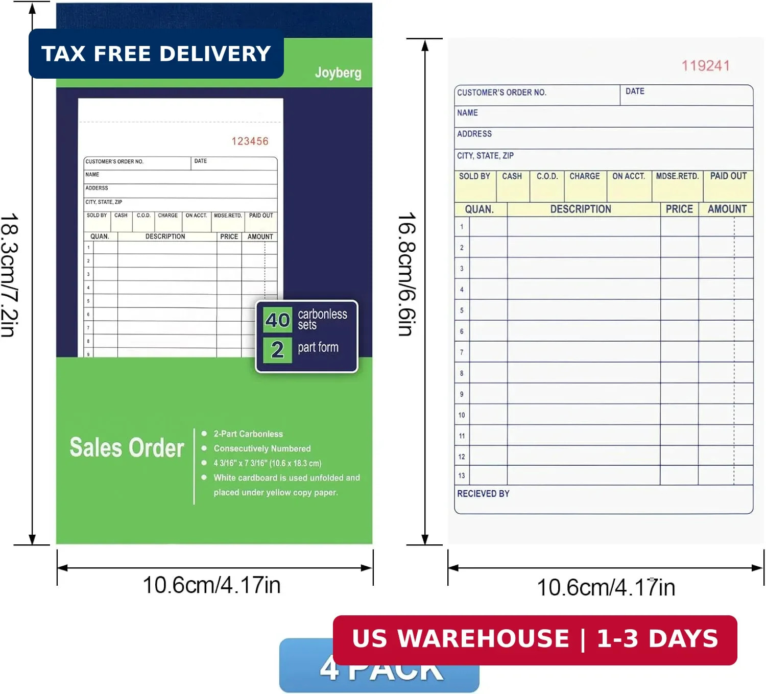 Joyberg 4 Pack Sales Order Book, 4.17inx7.2in Receipt Book with Carbon Copies, 2