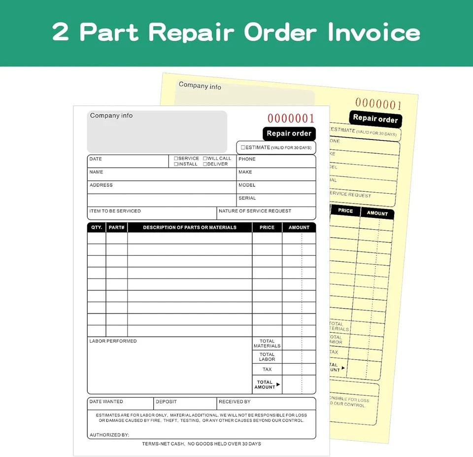 5 Packs Repair Order Book 2 Part Carbonless 5.7×8.3 Inch 50 Sets Receipt