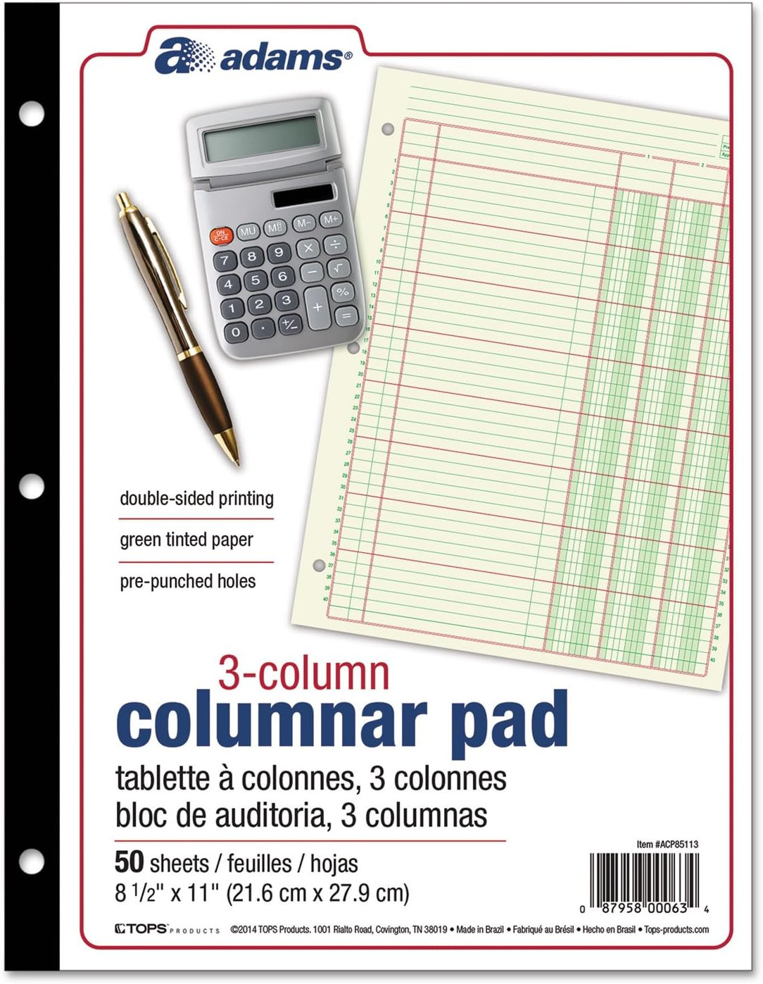 Adams Columnar Analysis Pad, 3 Column, 8 1/2 X 11, Single Page Format, 50 Sheets
