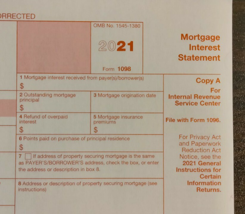 2021: 5 SHEETS 1098 IRS Mortgage Interest Statement & 3=1096 Transmittal Forms