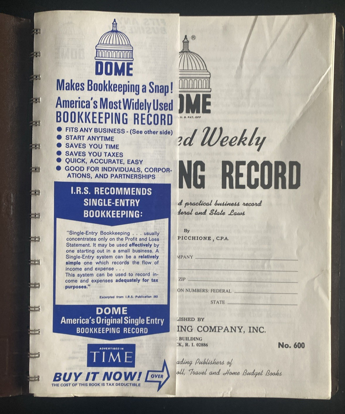 Vtg Dome Simplified Weekly Bookkeeping Record No 600 Vinyl Covers New, Unused