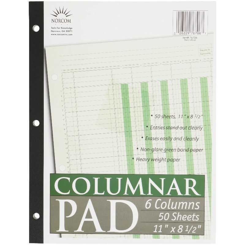(2 pack) Norcom, Columnar Ledger Pad, 6 Columns,8.5″ x 11″,Letter Size,50 Sheets
