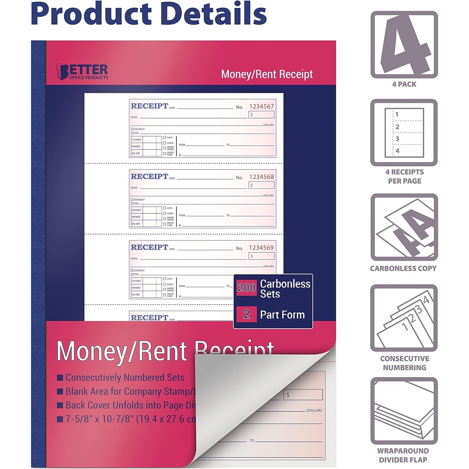 Cash and Rent Receipt Books 4 Pack 2-Part Carbonless 800 Sets Total