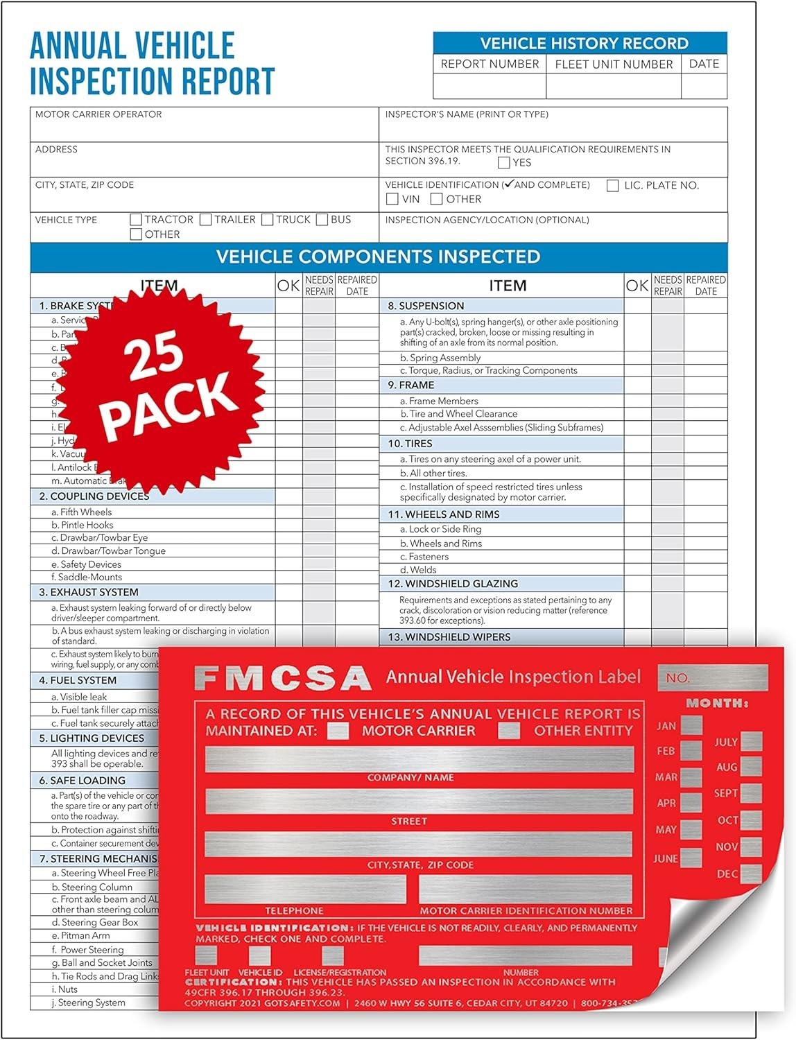 Annual Vehicle Inspection Forms and Stickers 6″x3.5″ – 25 Count, FMCSA Approved