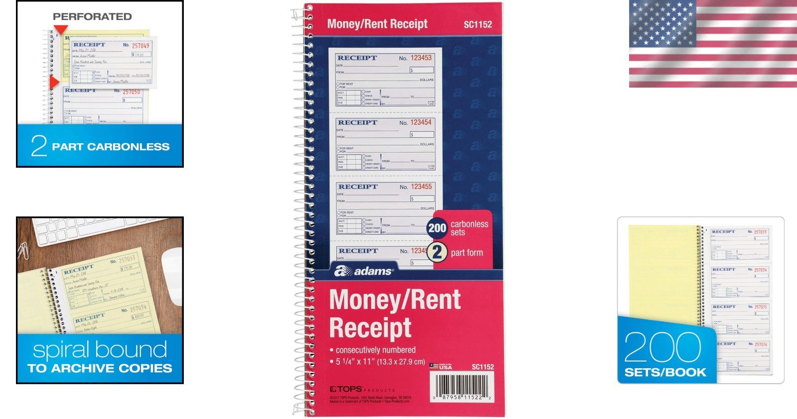 2-Part Spiral Bound Rent Receipt Book – 4 Receipts/Page, Ideal for Landlords
