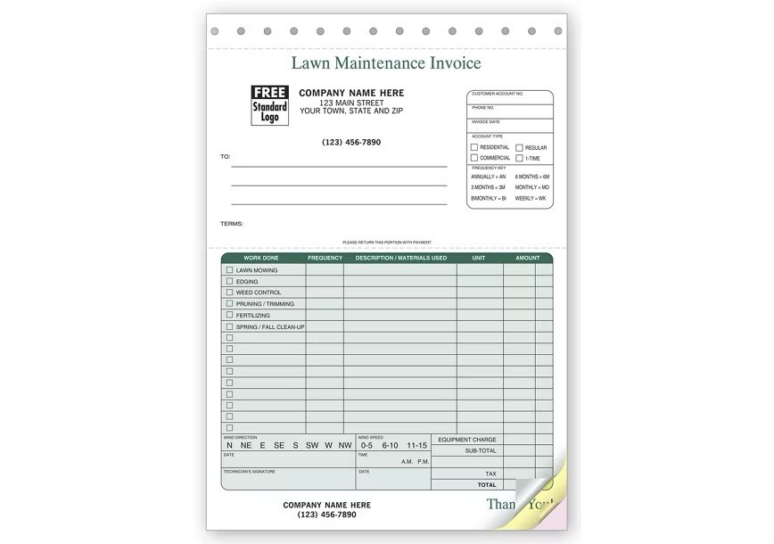 1000 Lawn Maintenance Landscaping Invoices / NEBS Deluxe No. 123 / 3 Part