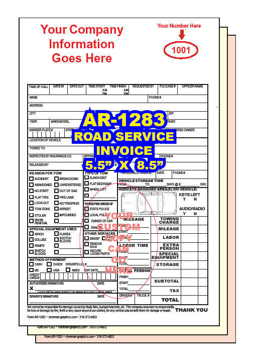 ROAD SERVICE TOWING INVOICE CUSTOM PRINTED 2 or 3 Part Carbonless Forms