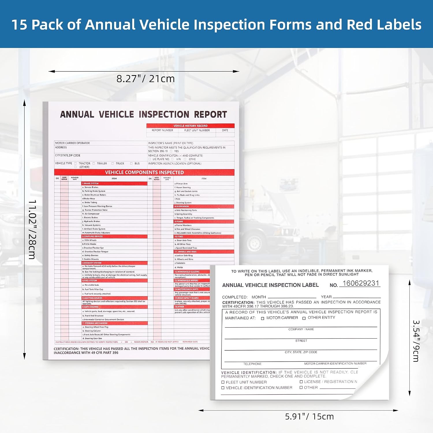 15-Pack Annual Vehicle Inspection Report Form, 3-Ply Carbonless Form and Hardboa
