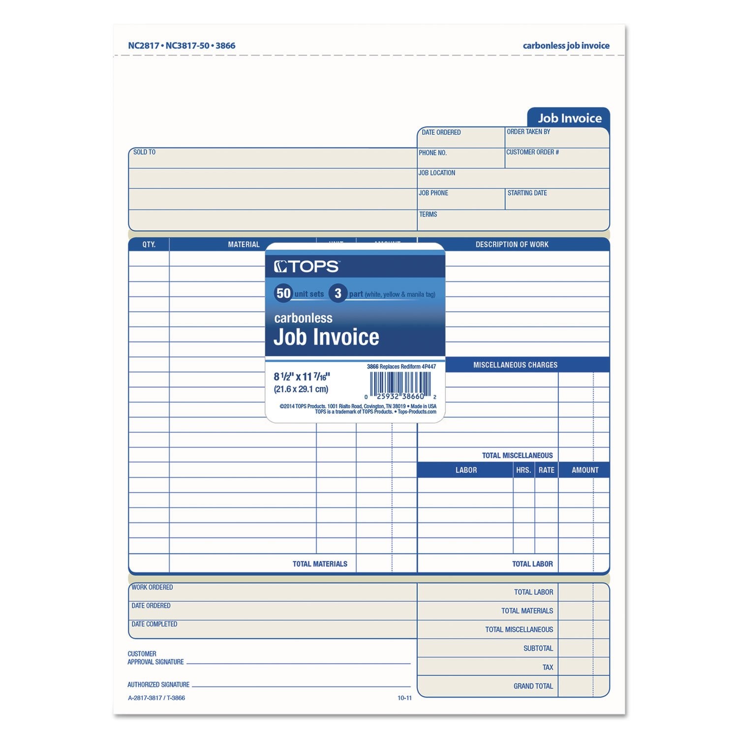 Tops Job Invoice Materials List 3-Part Carbonless 8.5 X 11 Inches 50 Sets Per