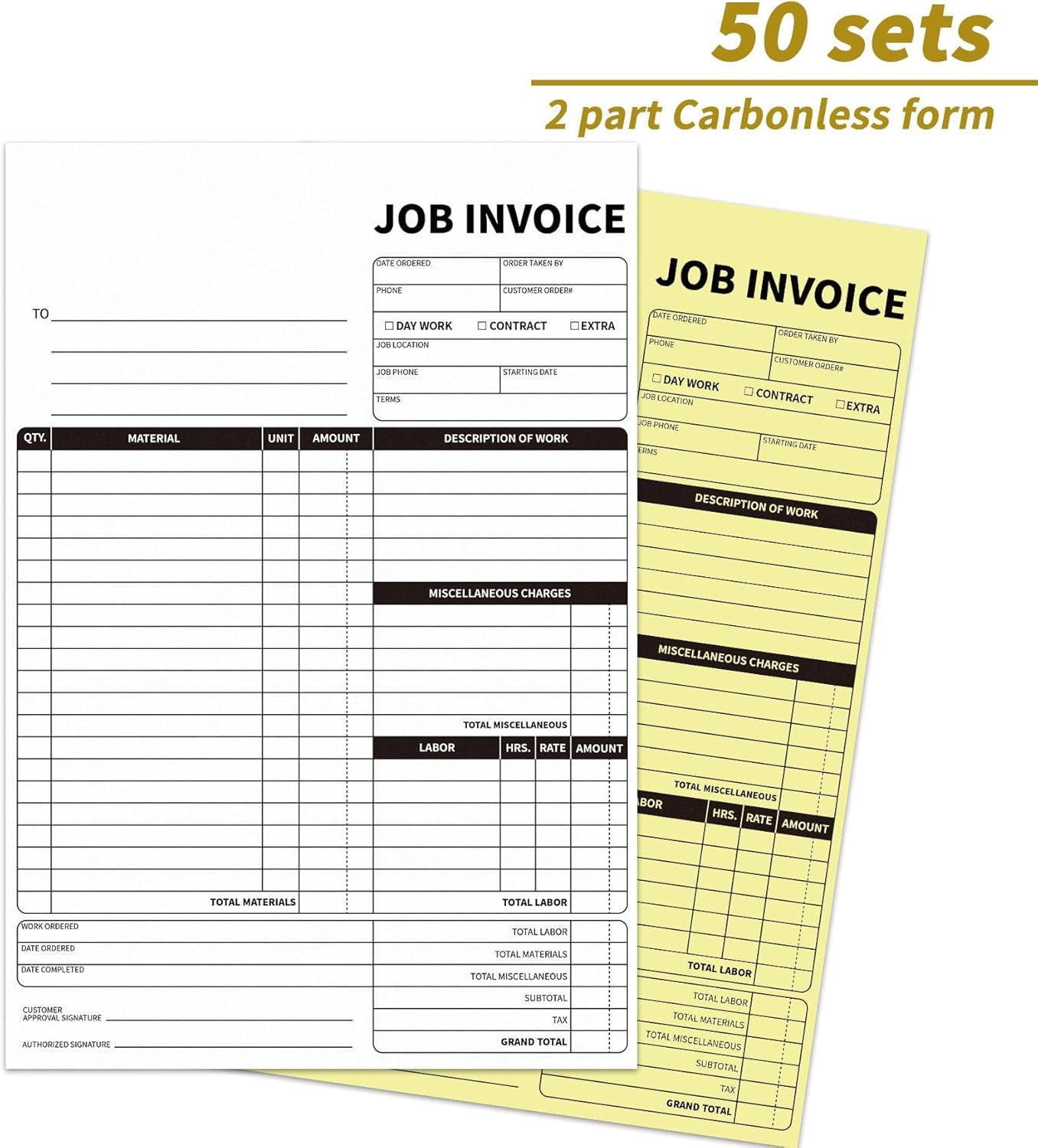 Carbonless Work Order Forms,7.5 x 11 inches Invoices for Small Business,Sales Or
