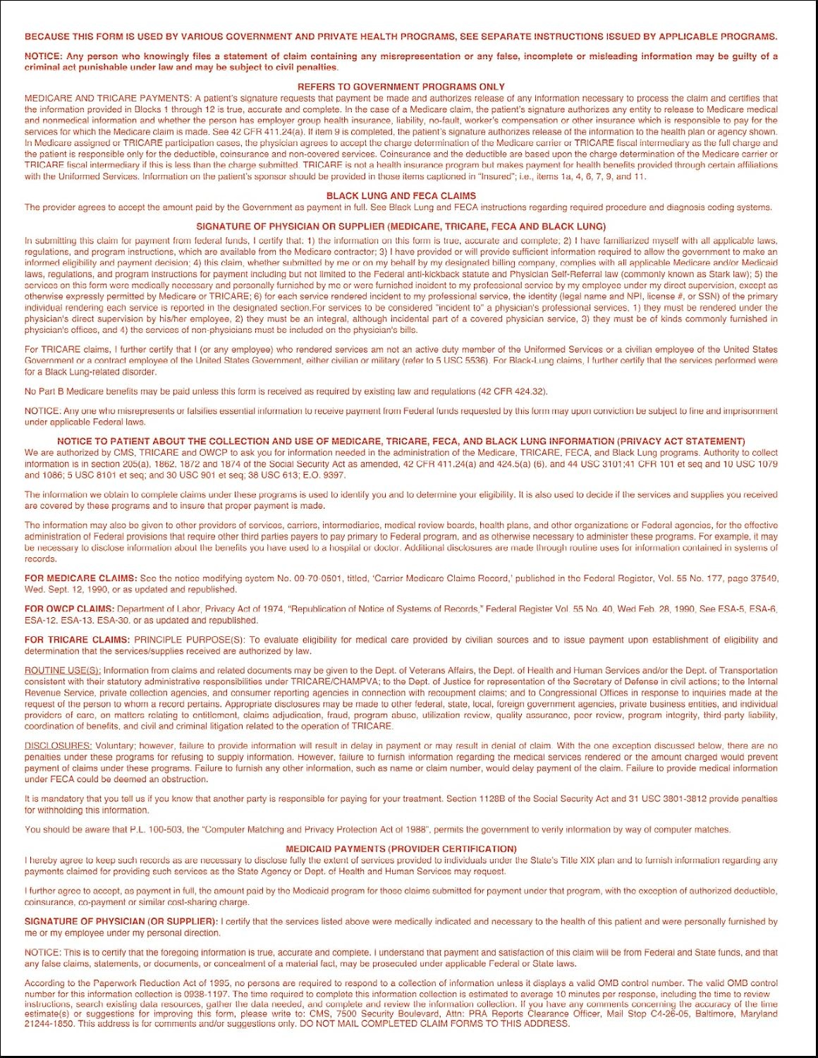 CMS 1500 Claim Forms HCFA Version 02/12 2,500 SHEETS APPROVED OMB-0938-1197
