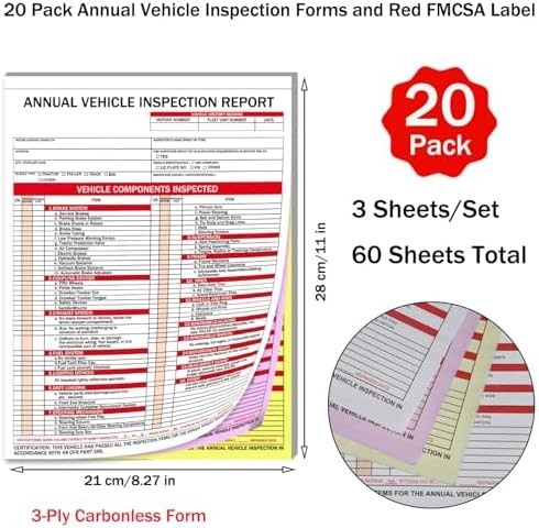 20-Pack Annual Vehicle Inspection Report Forms with Red FMCSA Aluminum Labels, 3