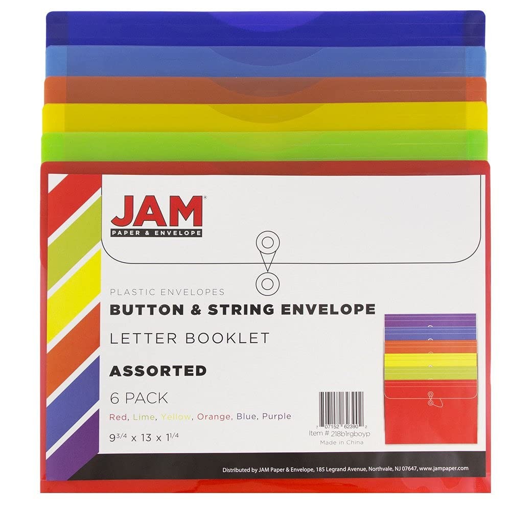 JAM PAPER Plastic Envelopes with Button & Letter Size, Assorted Colors 6 Pack