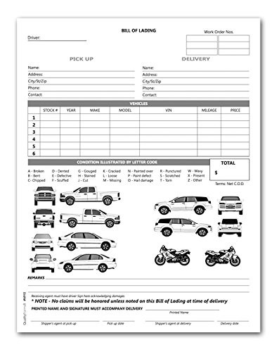 2 Part Vehicle Transport Bill of Lading Form White/Yellow