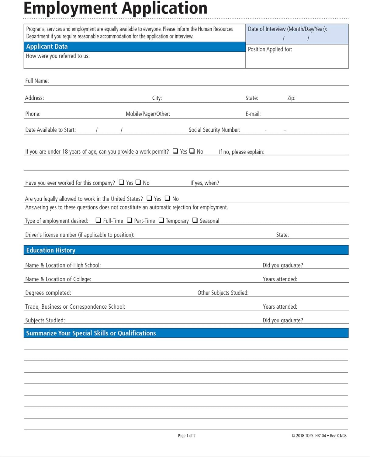 Application for Employment, Forms and Instructions, 50 Forms per Pack (HR104) ,