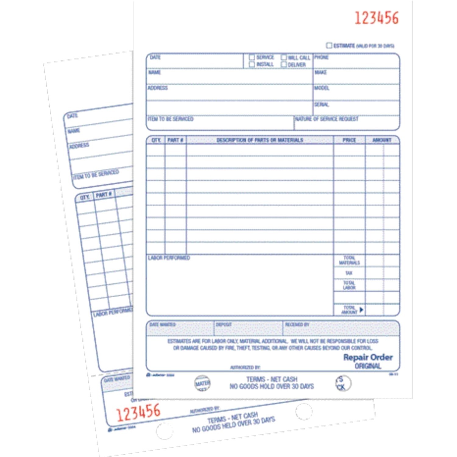 Repair Order Book 2-Part Carbonless 50 Sets 5-9/16 x 8-7/16 Inches