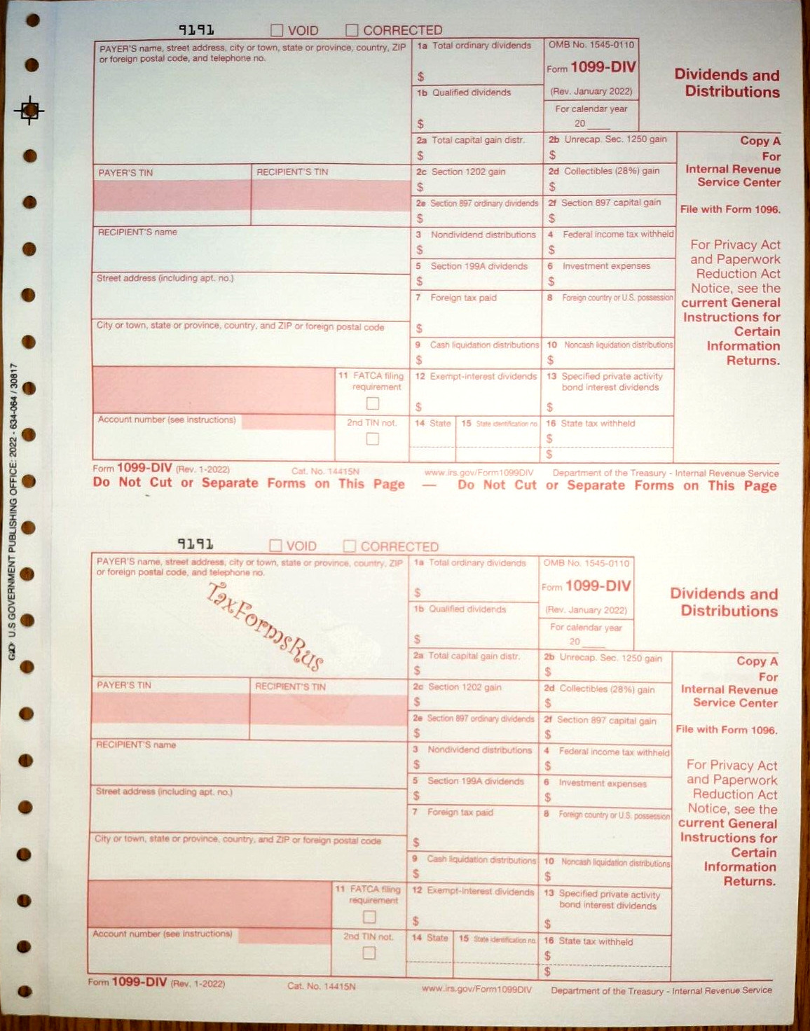 Official IRS Tax Form 1099-DIV single sheet set for 2 recipients carbonless 5-pt