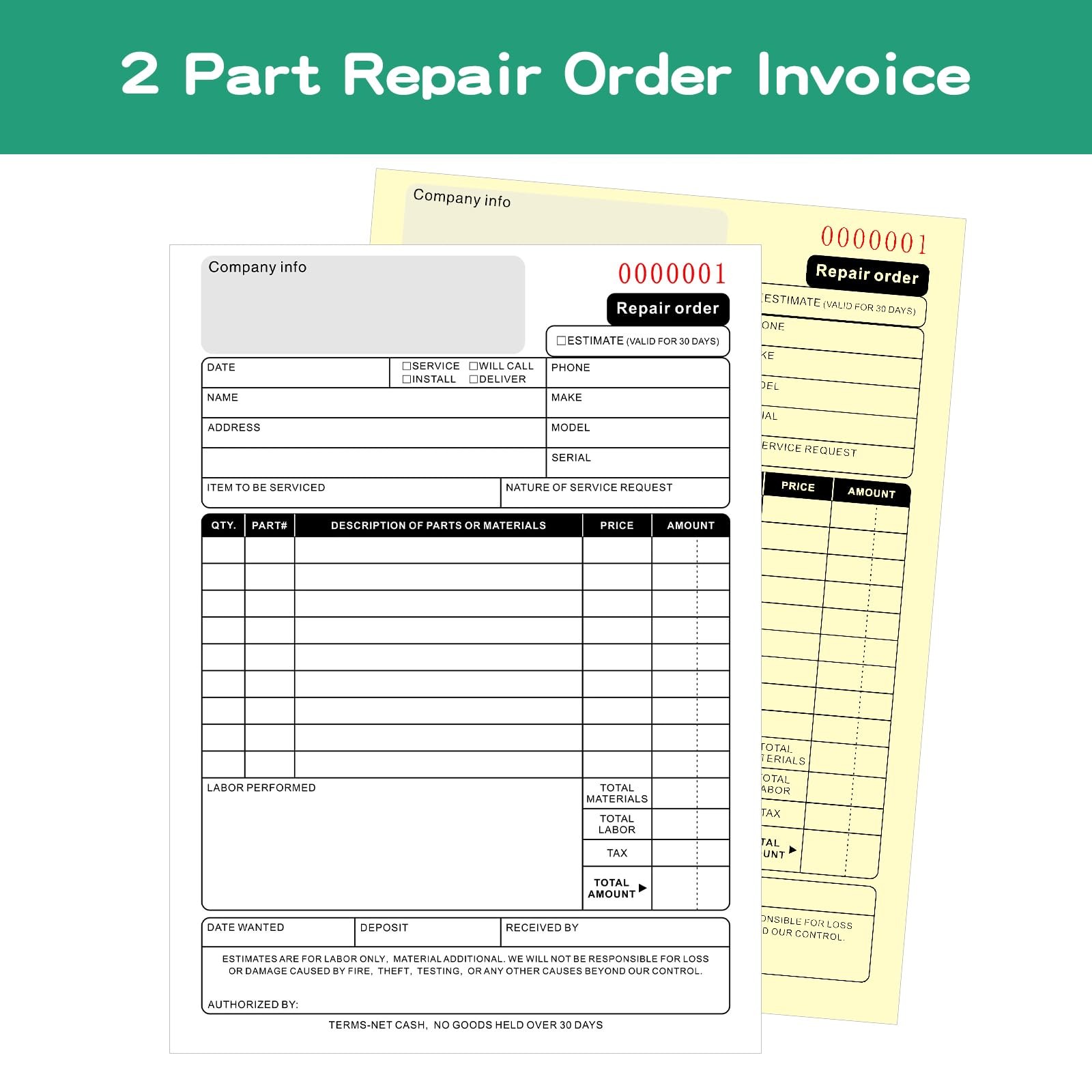 2 Part Carbonless Repair Order Book Receipt Forms 5.7×8.3 Inch 5 Packs