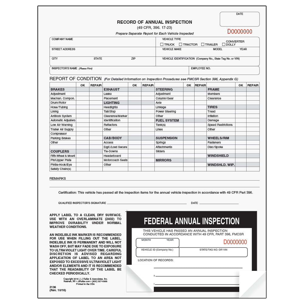 J. J. Keller Record of Annual Inspection + Decal 10-pk., 2-Ply, Carbonless,