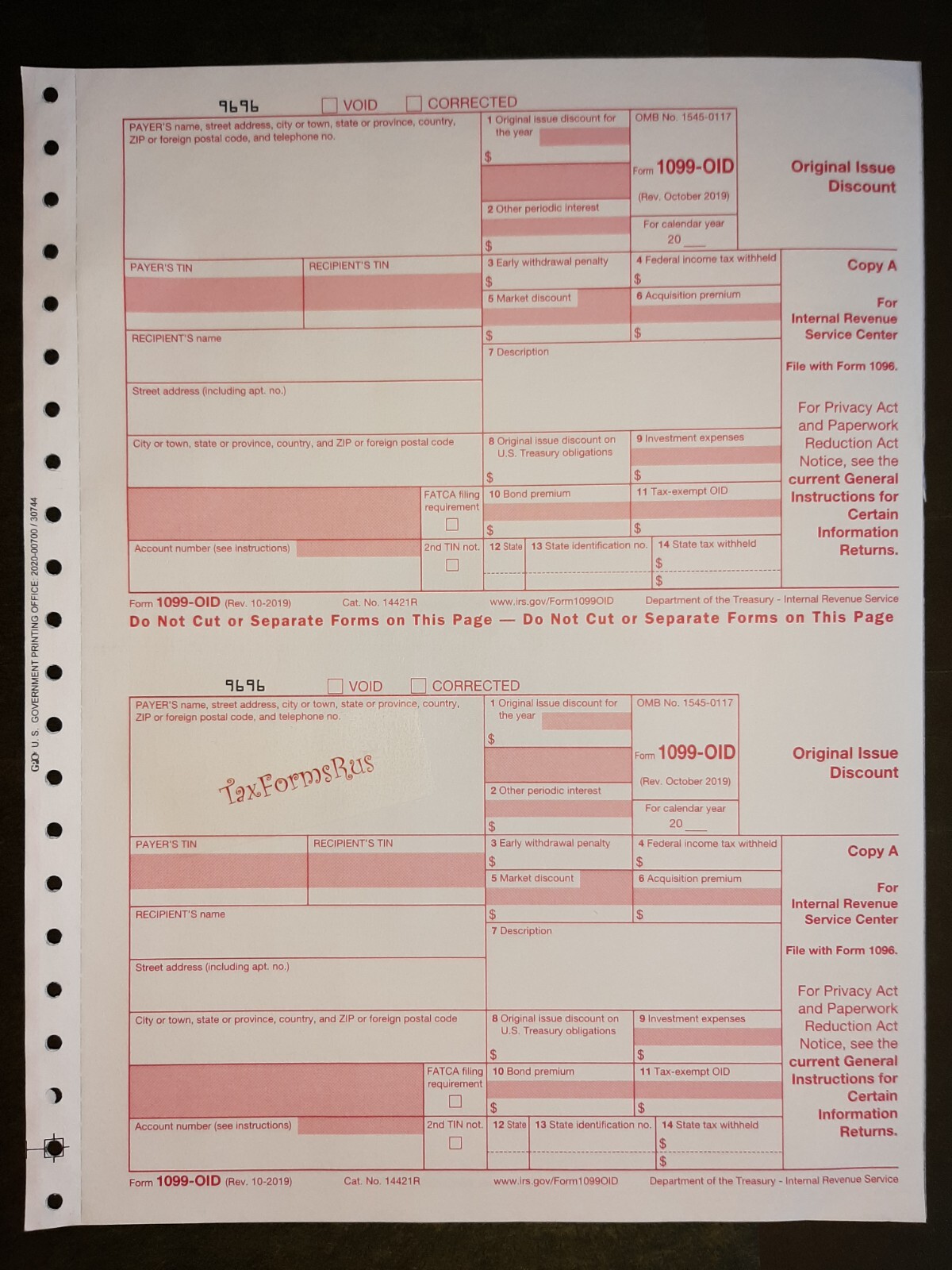 2023 IRS Tax Form 1099-OID single sheet set for 2 recipients, carbonless 5-pt