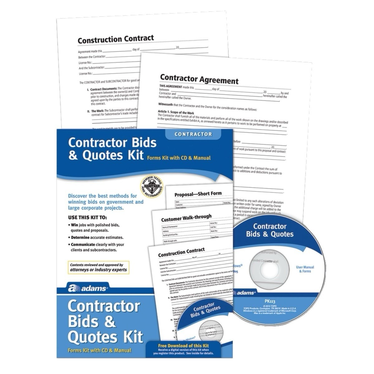 Adams Contractor Bids and Quotes Kit, Forms Kit with CD & Manual, PK113