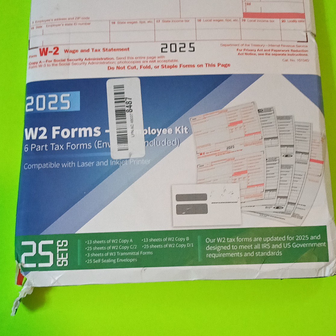 2025 W2 Tax Forms Kit with Envelopes – 25 Employee Set with W3 Forms