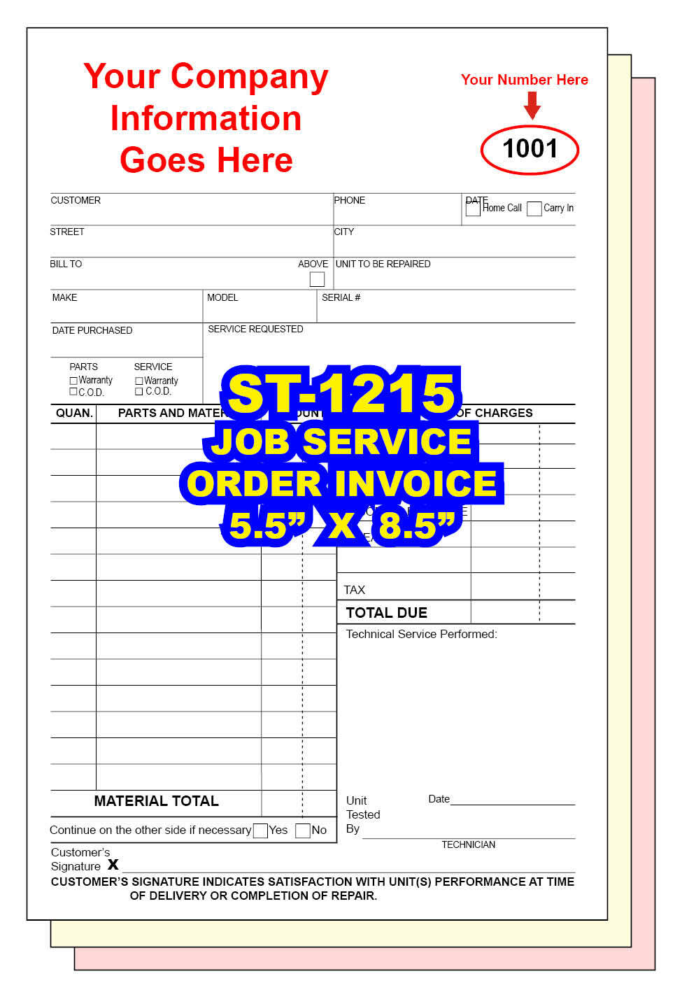 JOB SERVICE WORK ORDER / REPAIR INVOICE 2 or 3 Part Carbonless