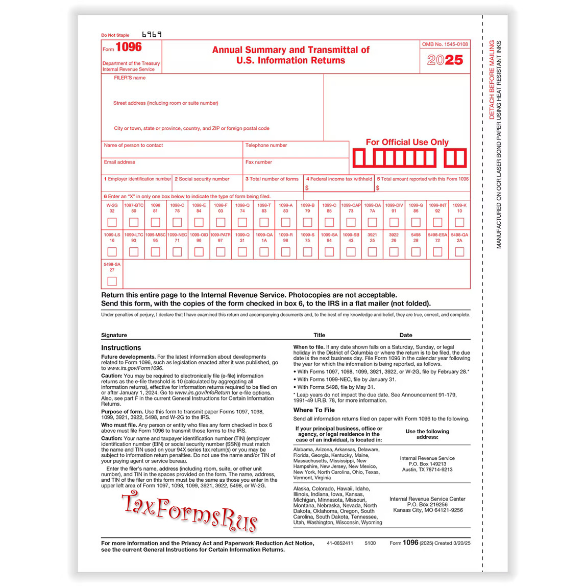 2025 IRS Tax Form 1099-MISC Laser 4 recipients + (1)1096 #TF6103 4-pt — NO Env