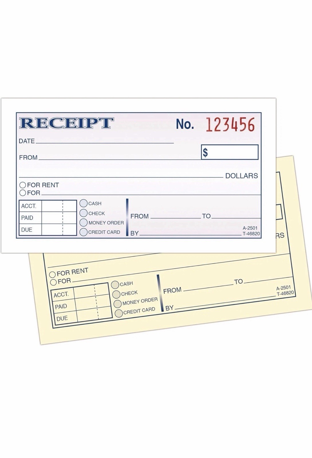DC2501 Money / Rent Receipt, 2-3/4 x 5-3/8”, Carbonless 50 Set Book NEW