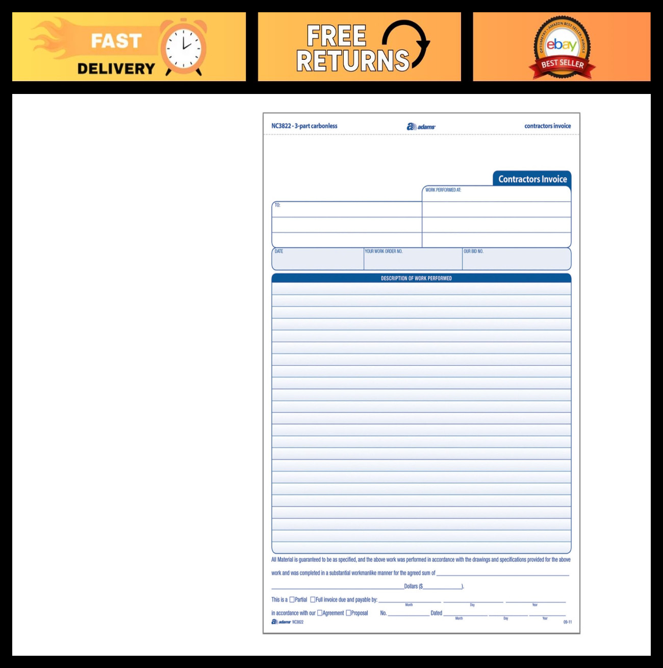 Contractor Invoice Forms 3-Part Carbonless 100-Pack 8.5×11 Inch White Pink Canar