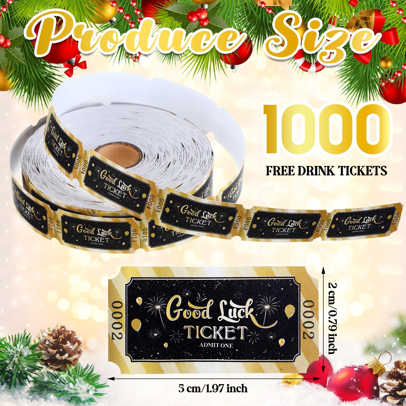 Pasimy 1000 Pcs Tickets Roll Single Raffle 1 x 2 inch, Gold