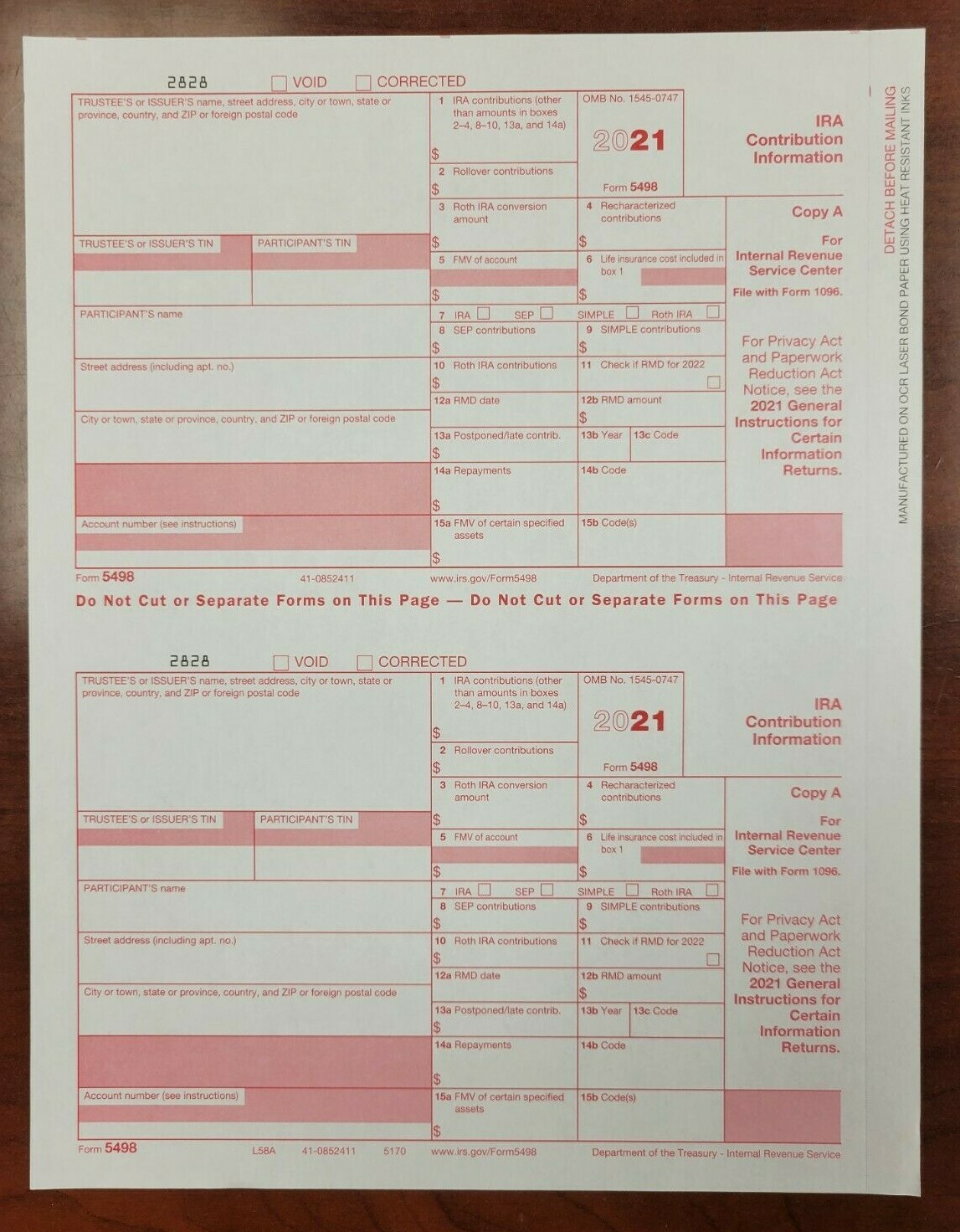 2021 Tax Form 5498 – IRA Contribution Information Copy A Only – 30 Recipients