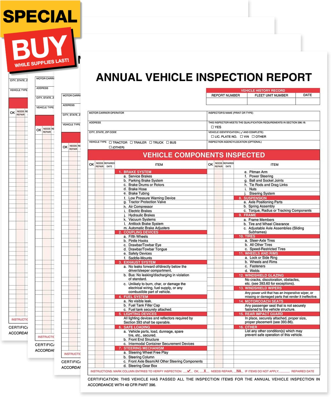 Annual Vehicle Inspection Report Form 25-pk 3-Ply Carbonless, 8.5″ x 11.75″ + 2-