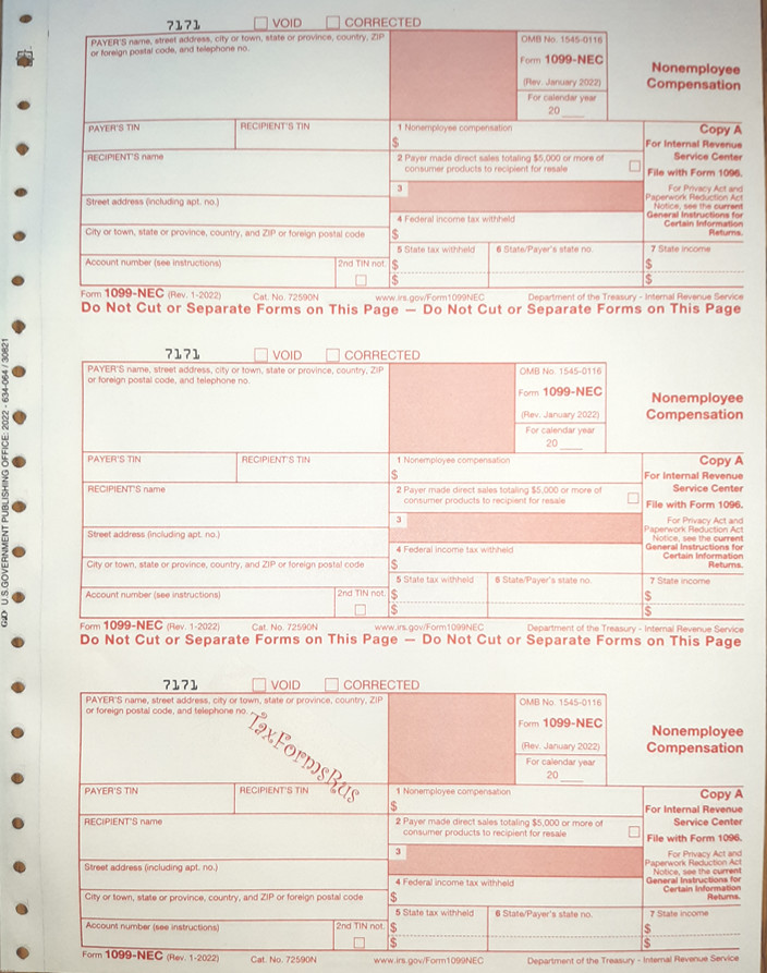 2023 IRS Tax Form 1099-NEC single sheet set for 3 recipients carbonless, 5-pt