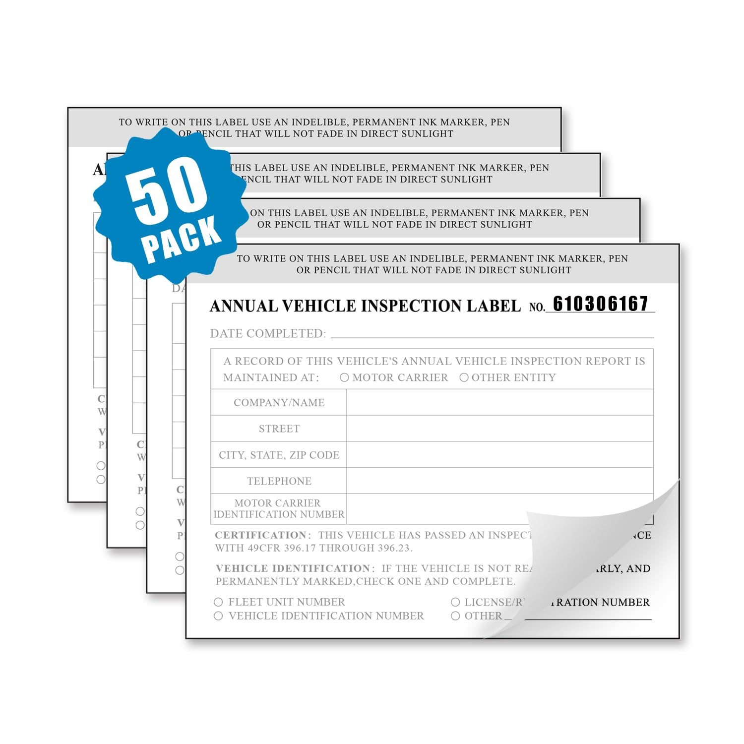 Annual Vehicle Inspection Label 50-Pack Interior Vehicle Inspection 2-Ply Sti…