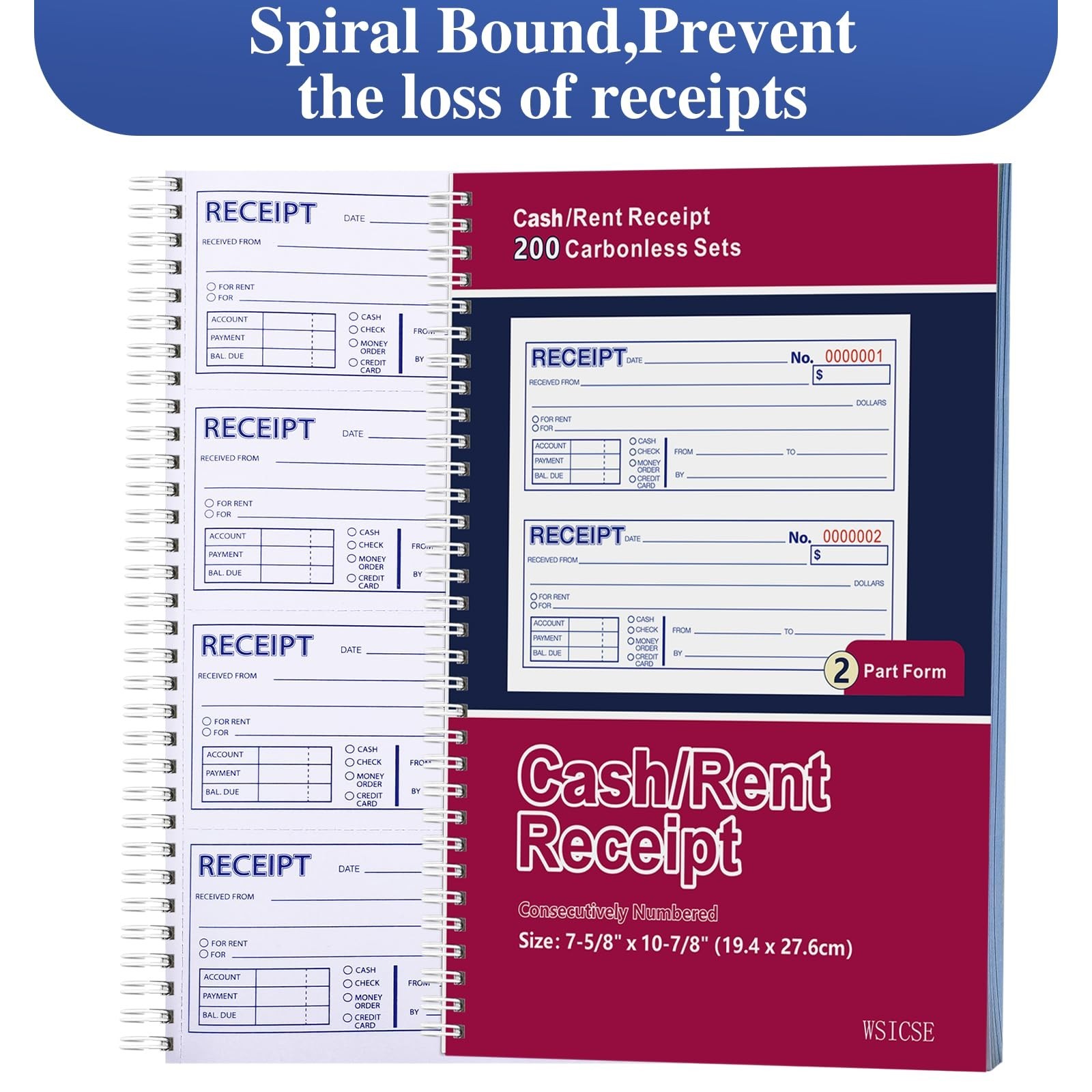 3 Pack Carbonless Receipt Books, 2-Part Rent Receipts, Spiral Bound, 200 Sets