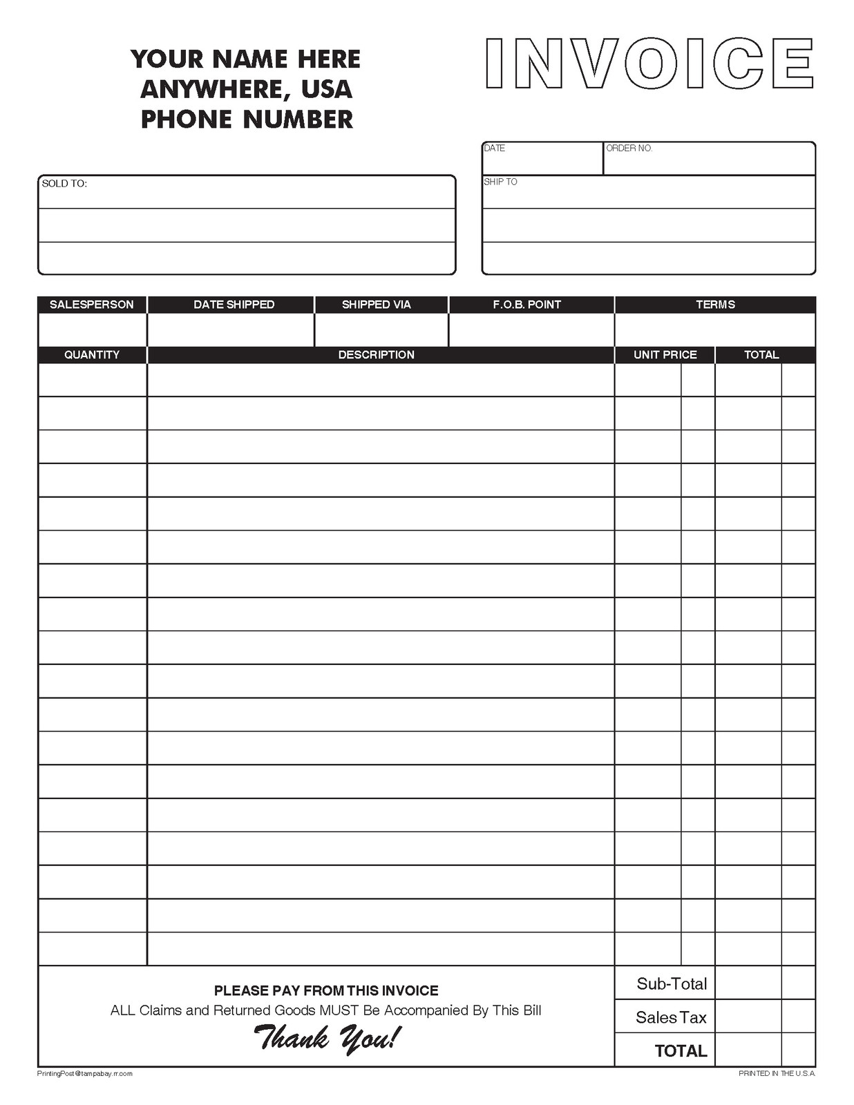 100 2-part LARGE Invoice – Carbonless Forms – Sales Receipts – Business Forms