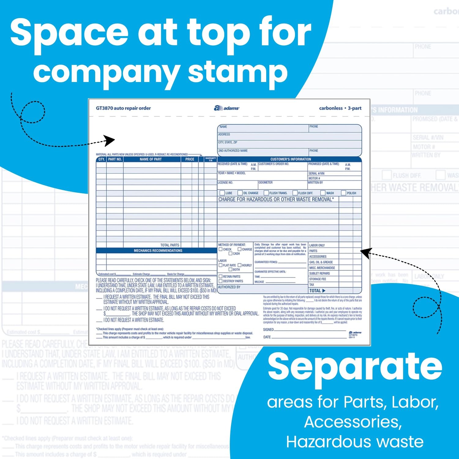adams Auto Repair Order Forms, 8.5 x 7.44 Inch, 3-Part, Carbonless, 50-Pack