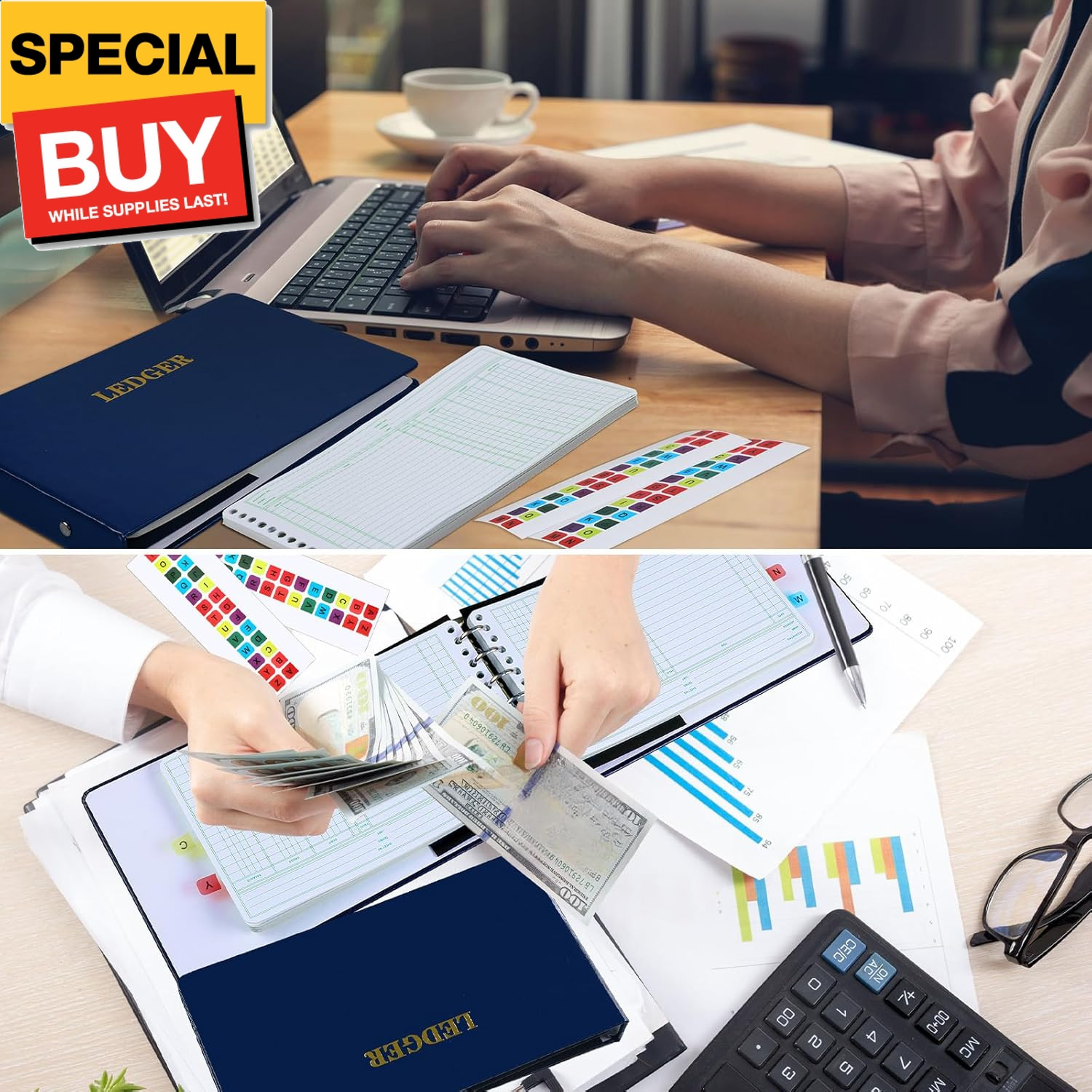 2 Pcs Ring Ledger Binder with 400 Pcs 5″ x 8.5″ Ledger Sheets Small Index Tabs L