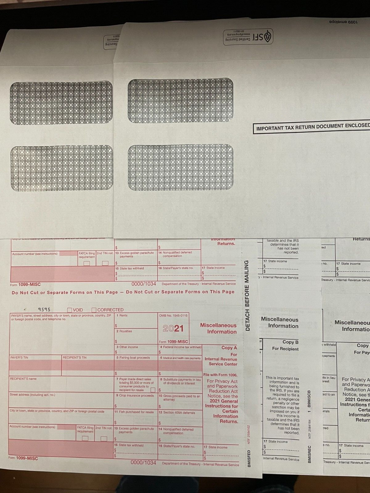 2021 1099 MISC – (1) For 2 Recipients – 3-Part Set with env – Laser