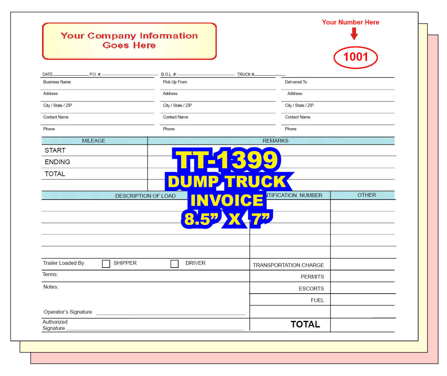 DUMP TRUCK INVOICE CUSTOM PRINTED 2 or 3 Part Carbonless