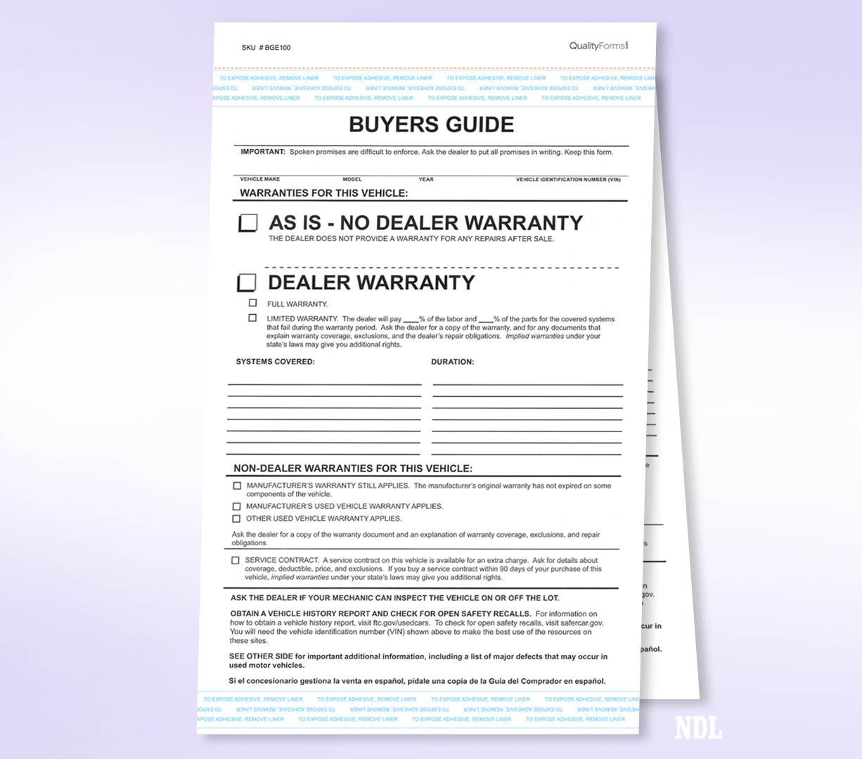 2-Part Federal Buyers Guide Waranty Form, Adhesive Tape, English – 200 pack