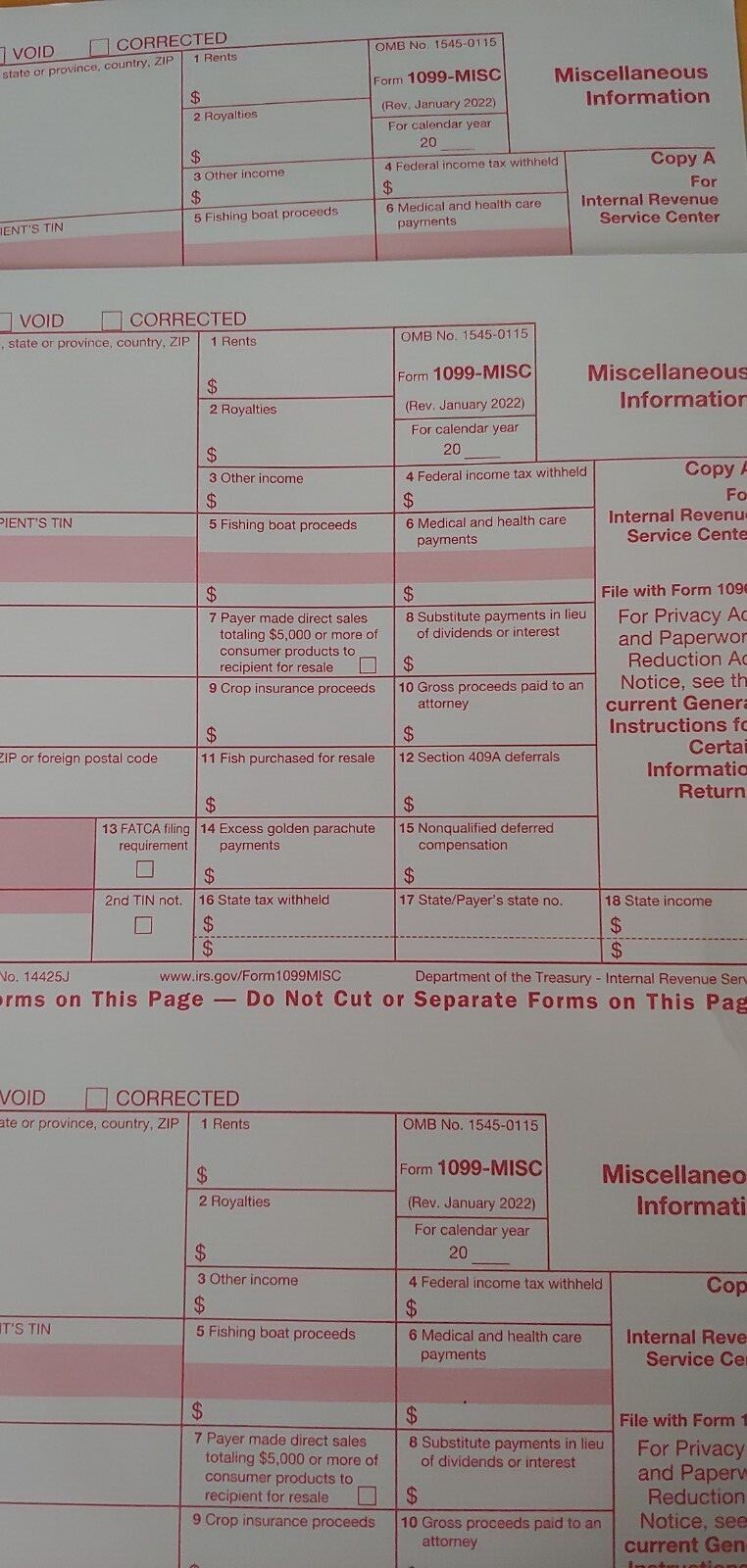 IRS Tax Form: (Qty:2) 1099-MISC (for any tax year)- free shipping