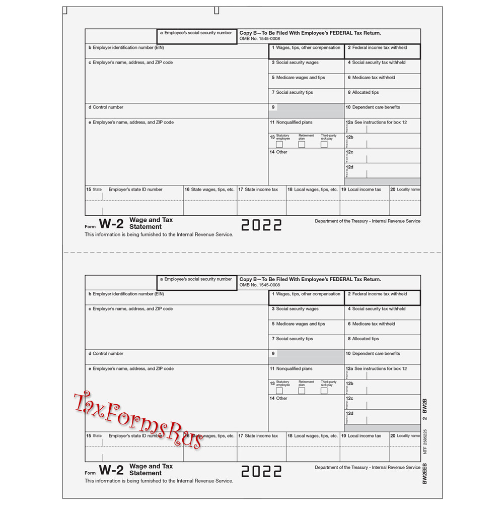 2022 IRS Tax Form W-2 Wage Stmts LASER single sheet set for 2 employees, 6-part