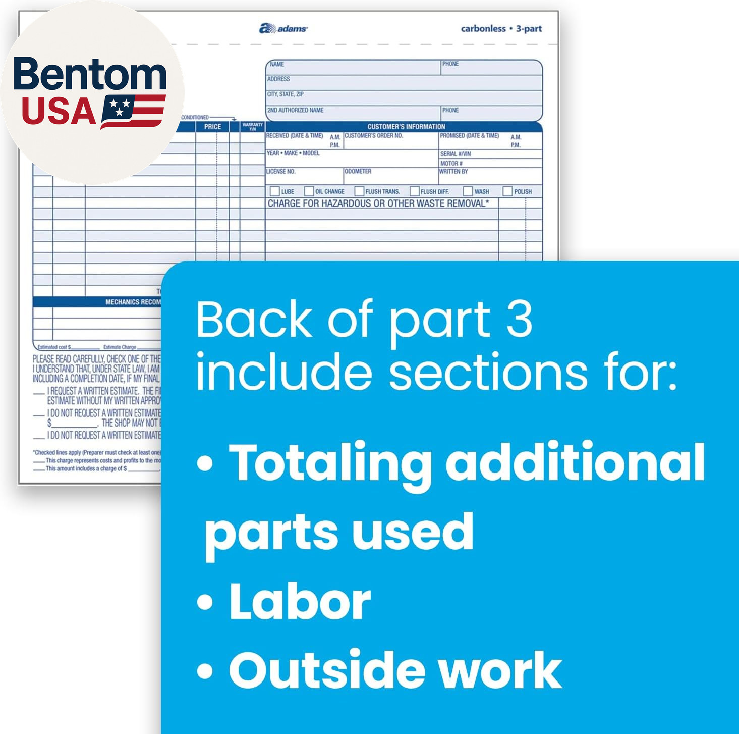 Auto Repair Order Forms, 8.5 X 7.44 Inch, 3-Part, Carbonless, 50-Pack, White and