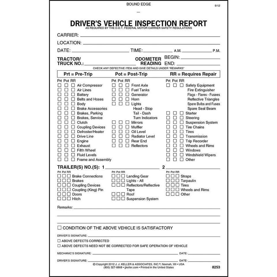 Detailed Driver_s Vehicle Inspection Report (pre- & Post-trip) 5-pk. – Book