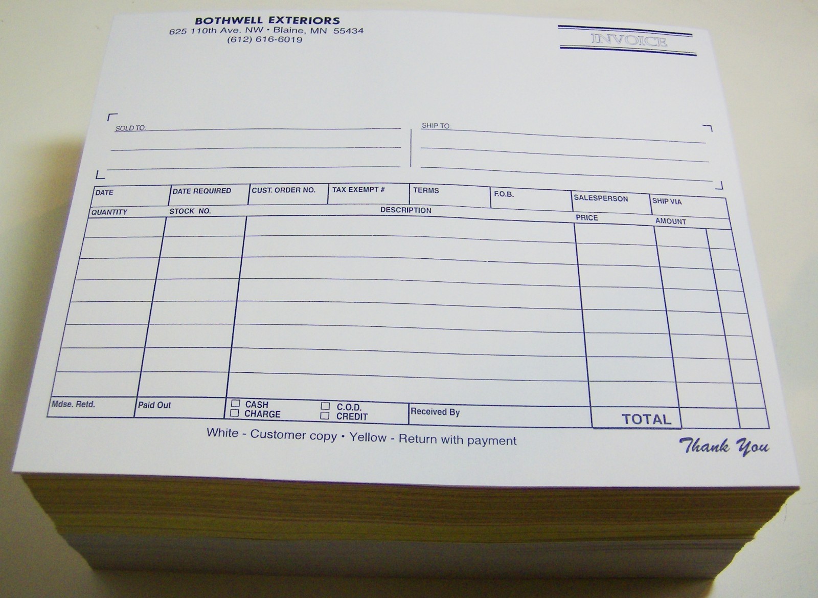 Printed Carbonless Forms, 2-Part, 8.5″ x 7″ Custom 500 Sets, 1-color invoice