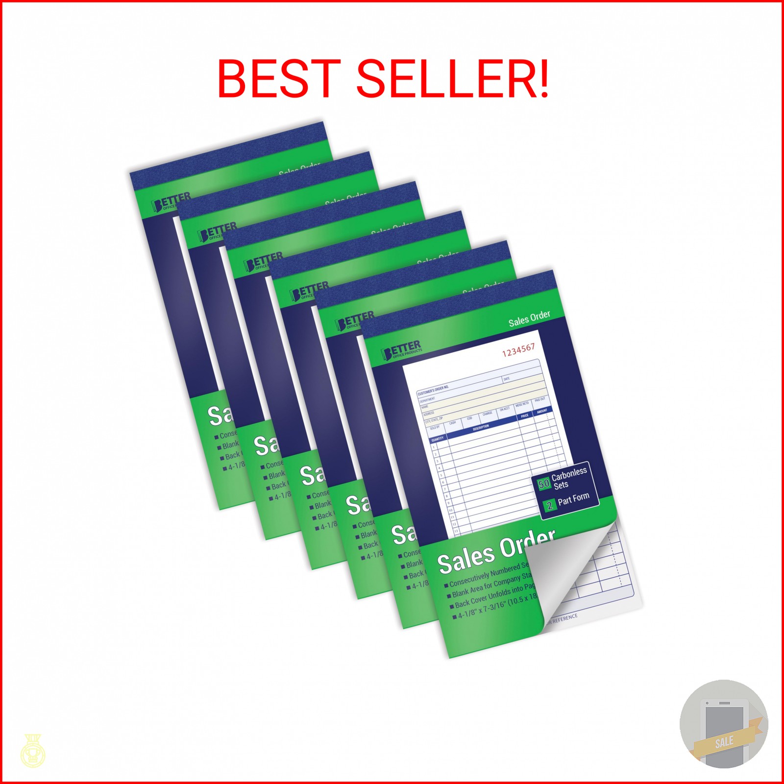 Better Office Products Sales Order Books, 6 Pack, 2-Part Carbonless (White/Canar
