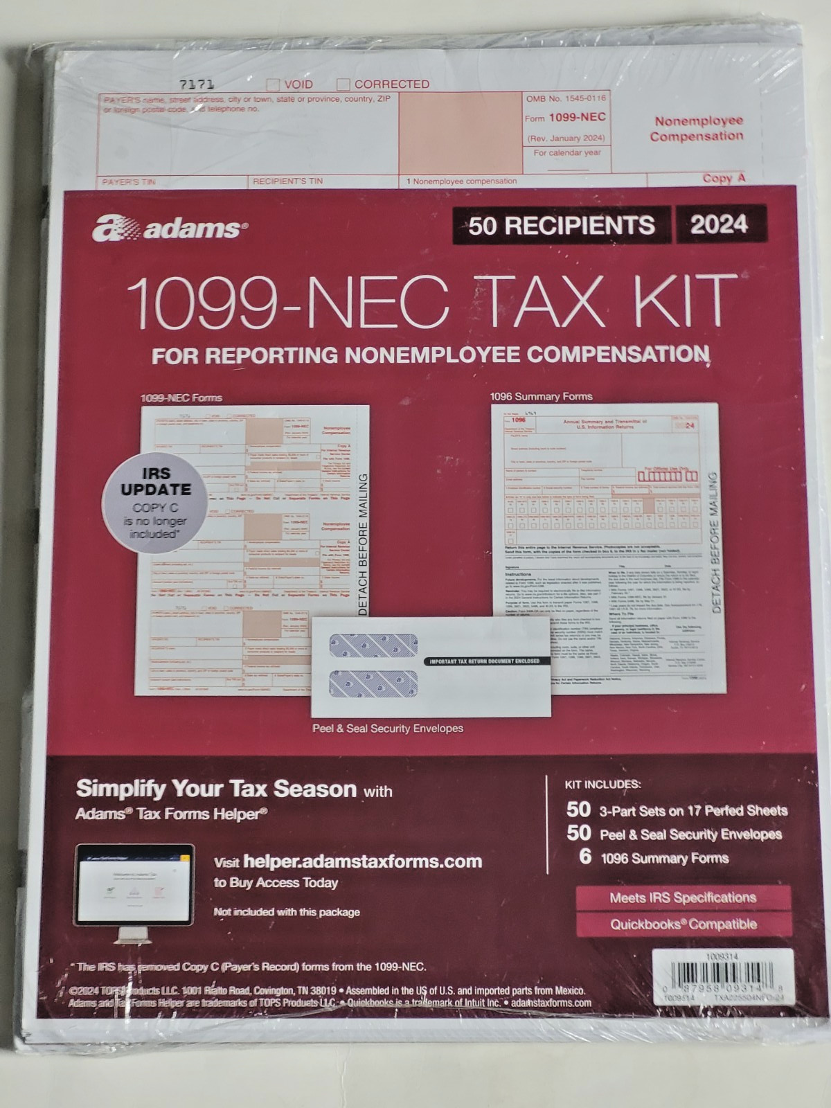 Adams 2024 1099 NEC Tax Forms Kit for 50 Recipients, 3-Part 1099 Forms, 6 1096