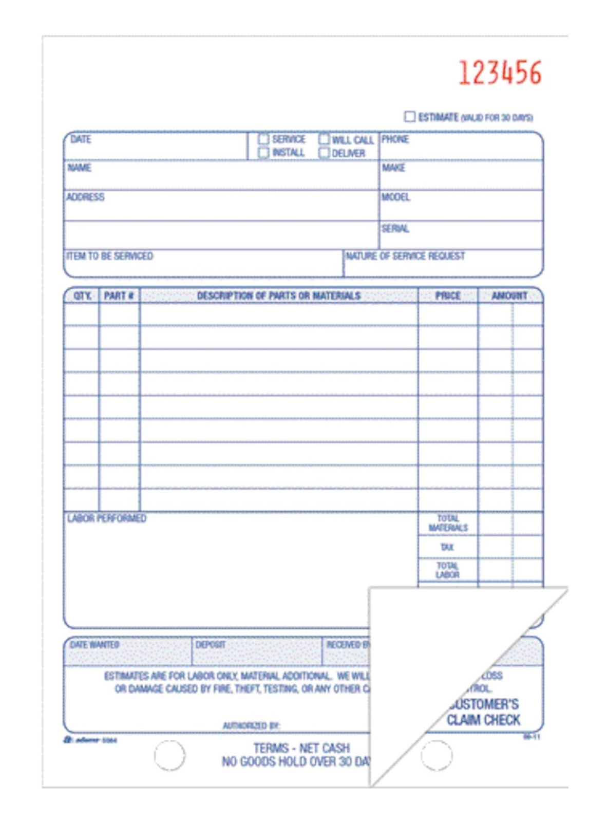 Adams Repair Order Book, Carbonless, 2-Part, White/White, 5-9/16 x 8-7/16 Inc…